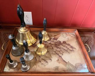 Brass Bells Wood Handles Decorative Tray Small Bell Collection Antique