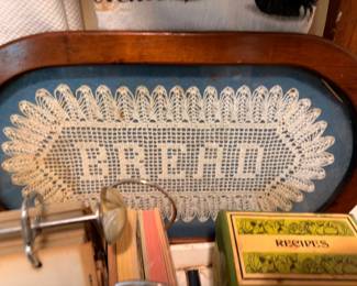 Vintage Bread Tin with Lace Doily and Recipe Box