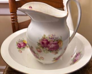 Floral Porcelain Pitcher Basin Wash Set Pink Roses Victorian Antique