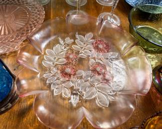 Depression Glass Pink Floral Bowl Green Pressed Glass Collection Table