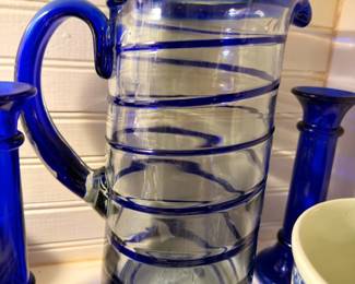 Cobalt Blue Spiral Swirl Glass Pitcher Hand Blown Art Glass