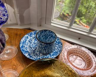 Blue White Spongeware Enamelware Bowls Plates Pink Depression Glass Window