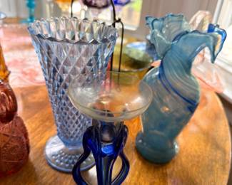 Blue Art Glass Hobnail Vase Ruffled Bowl Cobalt Glass Collection