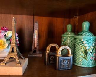 Eiffel Tower Figurine Green Ceramic Canisters Brass Bookend
