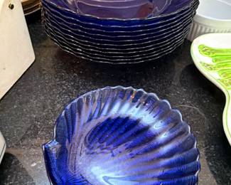 Cobalt Blue Glass Shell Shaped Plates Dishes Stacked Serving Set