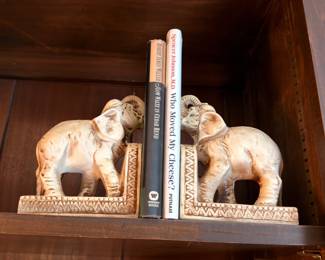 Carved Wooden Elephant Bookends Pair with Vintage Books