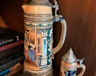 Large German Beer Stein Pewter Lid Blue White Ceramic