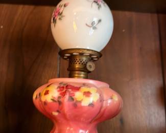 Hand Painted GWTW Parlor Lamp Pink Floral Base White Globe