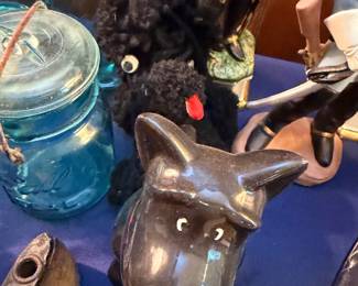 Black Ceramic Cat Figurine Blue Mason Jar Collectibles