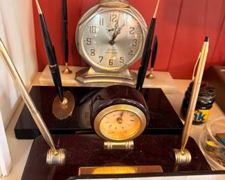Vintage Desk Set Alarm Clock Pen Holders Marble Base Onyx Office Accessories