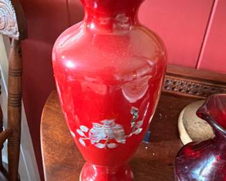 Large Red Ceramic Vase Gold Brass Rim Asian Style Painted Floral Decorative