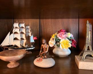 Model Sailing Ship Bronze Figurine Porcelain Flowers Eiffel Tower