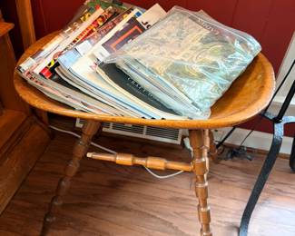 Round Wood Side Table Turned Legs Magazines Books Red Wall Accent