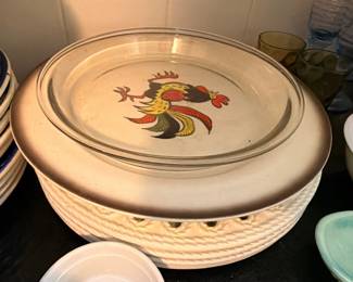Rooster Pattern Casserole Dish Lid Ceramic Basket Weave Country Kitchen