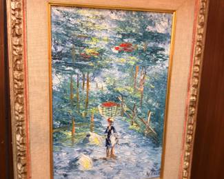 Framed Impressionist Garden Scene Painting Gold Frame