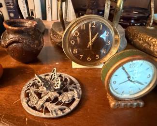 Vintage Alarm Clocks Gold Blue Face Cast Iron Trivet Pottery Vase