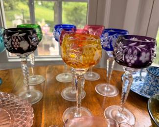 Bohemian Cut to Clear Crystal Wine Goblets Colored Stemware Set