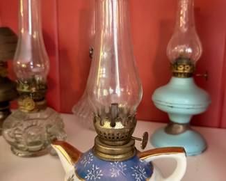 Blue Painted Oil Lamp Teapot Shape Turquoise Glass Chimney Brass Antique