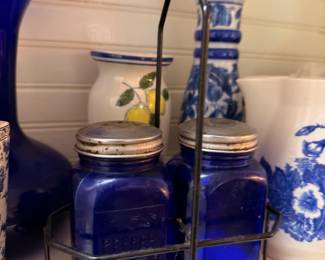 Cobalt Blue Glass Jars Metal Caddy Carrier Blue White Pottery