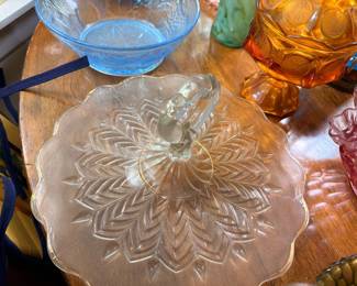 Depression Glass Leaf Pattern Plate Amber Blue Pink Glass Bowls Collection