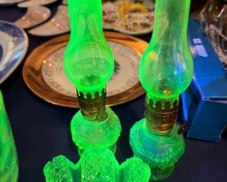 Green Uranium Vaseline Glass Oil Hurricane Lamps Pair