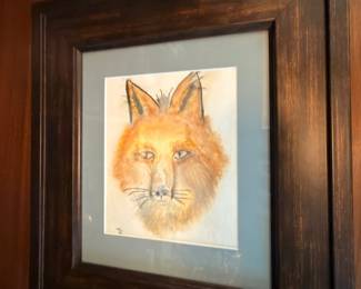 Framed Watercolor Fox Portrait Painting Dark Wood Frame Wildlife Art