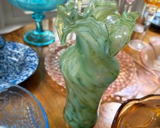 Colored Glass Collection Green Ruffled Vase Blue Compote Cranberry Amber