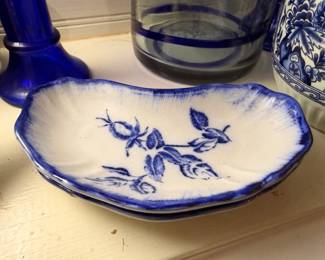 Flow Blue Scalloped Dish Floral Pattern Porcelain Cobalt Blue Bottle