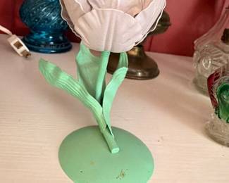Metal Tole Flower Sculpture White Petals Green Stem Base Candle Holder Art