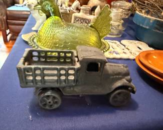 Cast Iron Toy Truck and Green Glass Fish Figurine