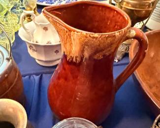 Brown Glazed Stoneware Pitcher Brass Oil Lamp Transferware