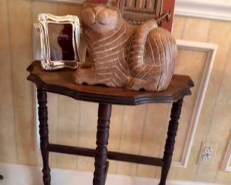Antique Spindle Leg Side Table Carved Cat Silver Frame Books