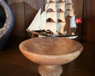 Model Sailing Ship Stone Pedestal Bowl Vintage Nautical Decor