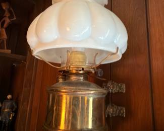 Antique Brass Oil Lamp White Milk Glass Shade Converted Electric