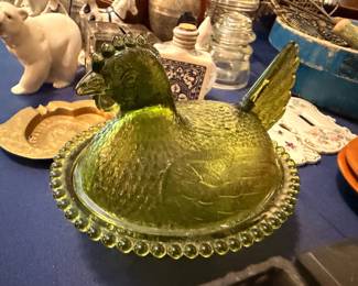 Green Glass Hen on Nest Covered Dish Collectible