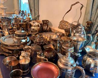 Large Silverplate Serving Collection Teapots Trays Hollowware