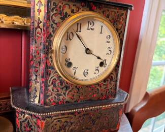 Antique Mantel Clock Ornate Painted Case Brass Handle Round Dial Victorian