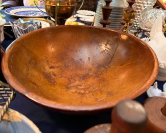 Large Antique Turned Wooden Bowl with Aged Patina