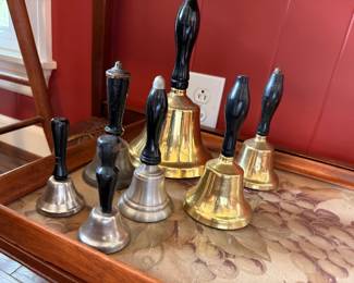 Brass Silver Hand Bells Collection Wood Handles Vintage Bell Set Tray