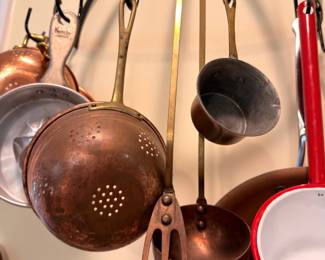 Copper Ladles Strainers and Hanging Kitchen Utensils