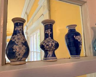 Blue White Chinese Porcelain Vases Cherry Blossom Floral Chinoiserie Trio