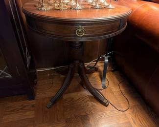 Antique Round Pedestal Drum Table with Brass Hardware