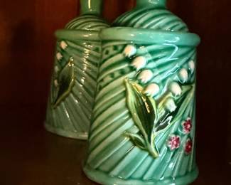 Green Ceramic Double Handle Vase Floral Relief Mid Century Pottery