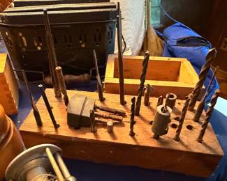 Antique Drill Bits Hand Tools Wooden Tool Caddy Tray