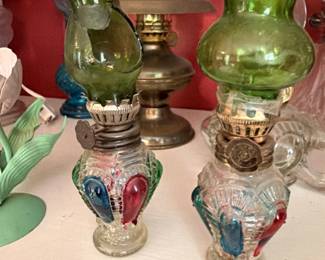 Green Glass Oil Lamp Brass Base Colorful Art Glass Blue Bird Figurines