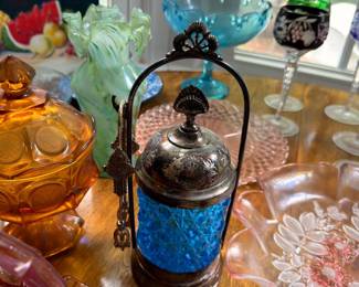 Victorian Silver Pickle Castor Blue Glass Insert Art Glass Collection