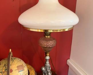 Antique Parlor Lamp White Milk Glass Shade Brass Ornate Base Globe Red Wall