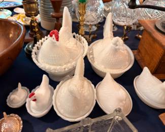 Milk Glass Hen on Nest Dishes Hobnail Brass Candlesticks