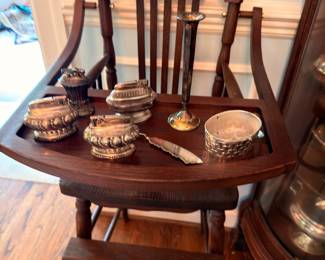 Antique Wood Chair with Silver Serving Pieces