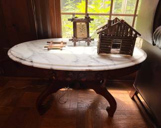 Marble Top Victorian Parlor Table Wooden Birdhouse Crosses Lantern